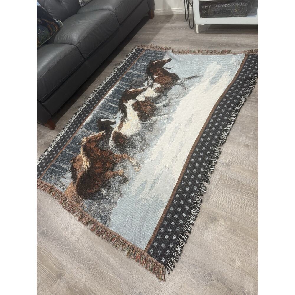 Horses Stampede Winter Scene Throw Blanket Afghan Tapestry 70”x54” EUC